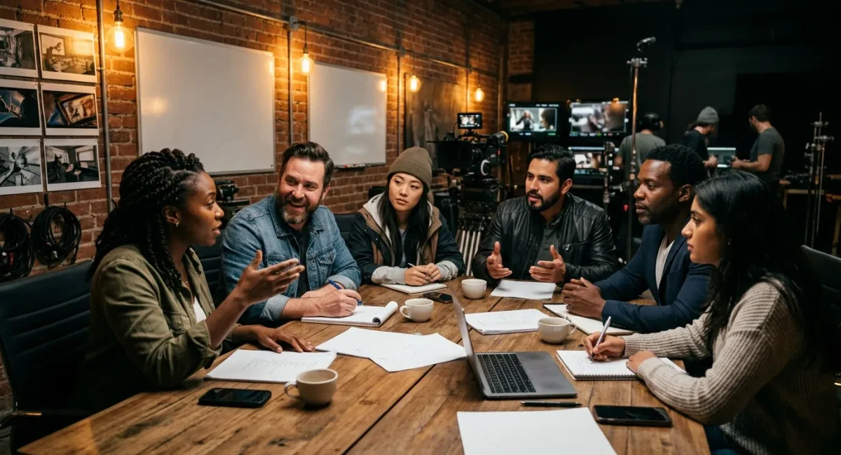 Diverse teamleden bespreken project aan houten tafel in productieruimte.