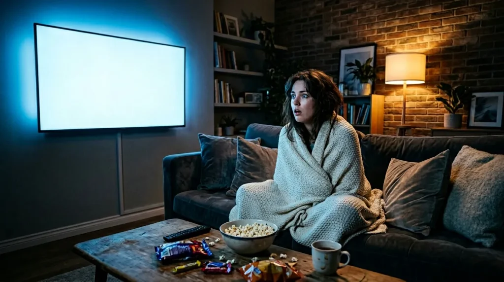Vrouw zit op bank met deken, popcorn en tv aan