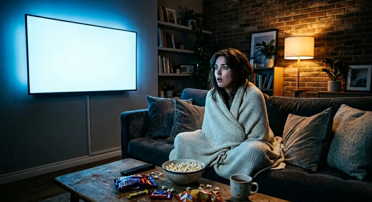 Vrouw zit op bank met deken, popcorn en tv aan