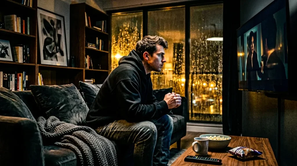 Man kijkt naar film in luxe home cinema met popcorn