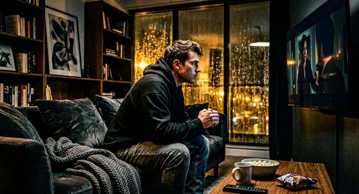 Man kijkt naar film in luxe home cinema met popcorn