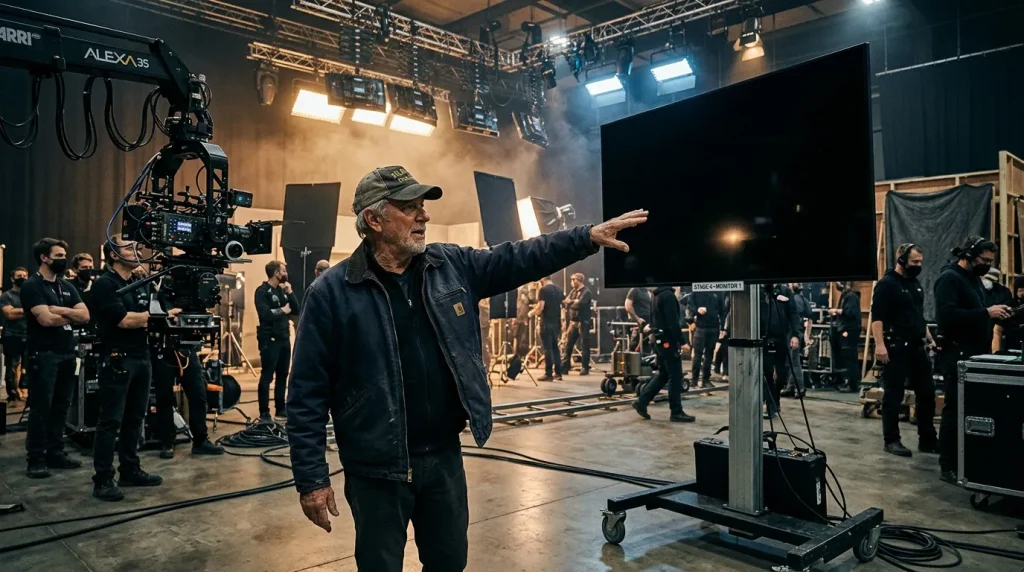 Regisseur wijst instructies op professionele filmstudio met crew