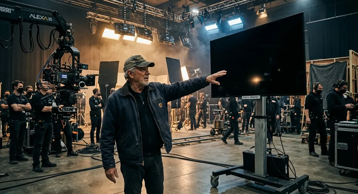 Regisseur wijst instructies op professionele filmstudio met crew