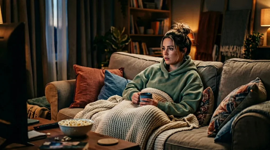 Vrouw zit op bank met deken en warme drank