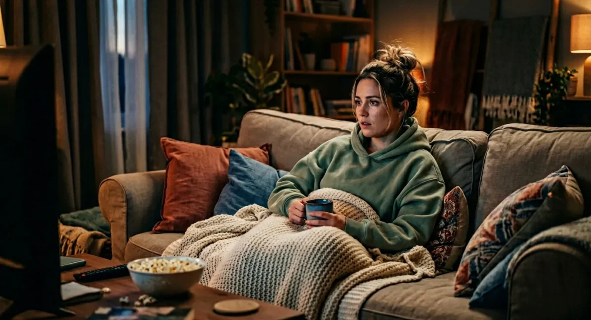 Vrouw zit op bank met deken en warme drank