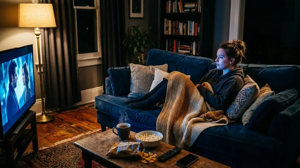 Vrouw zit op bank tv kijken met deken en snacks
