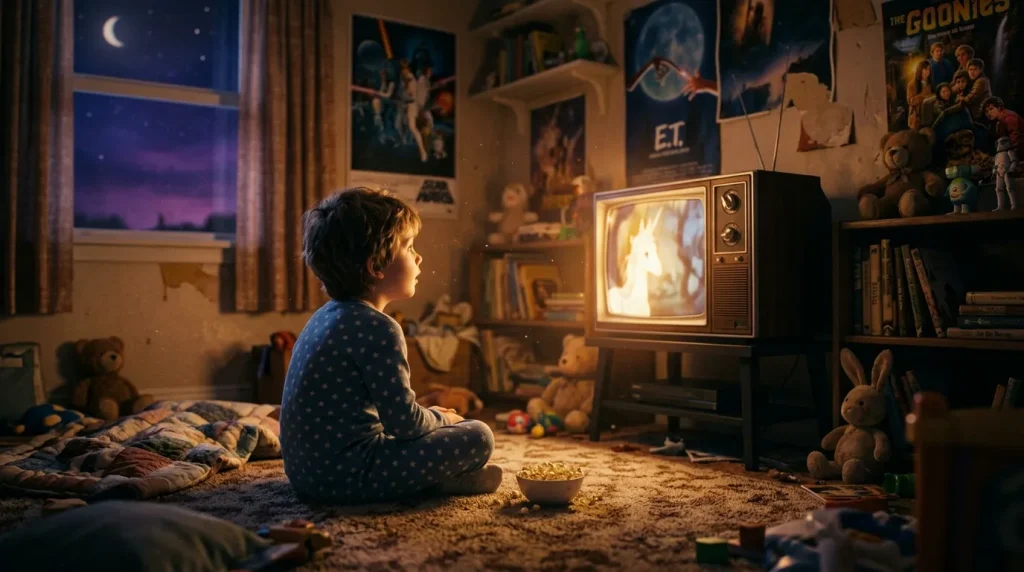 Jongen zit voor vintage televisie popcorn etend