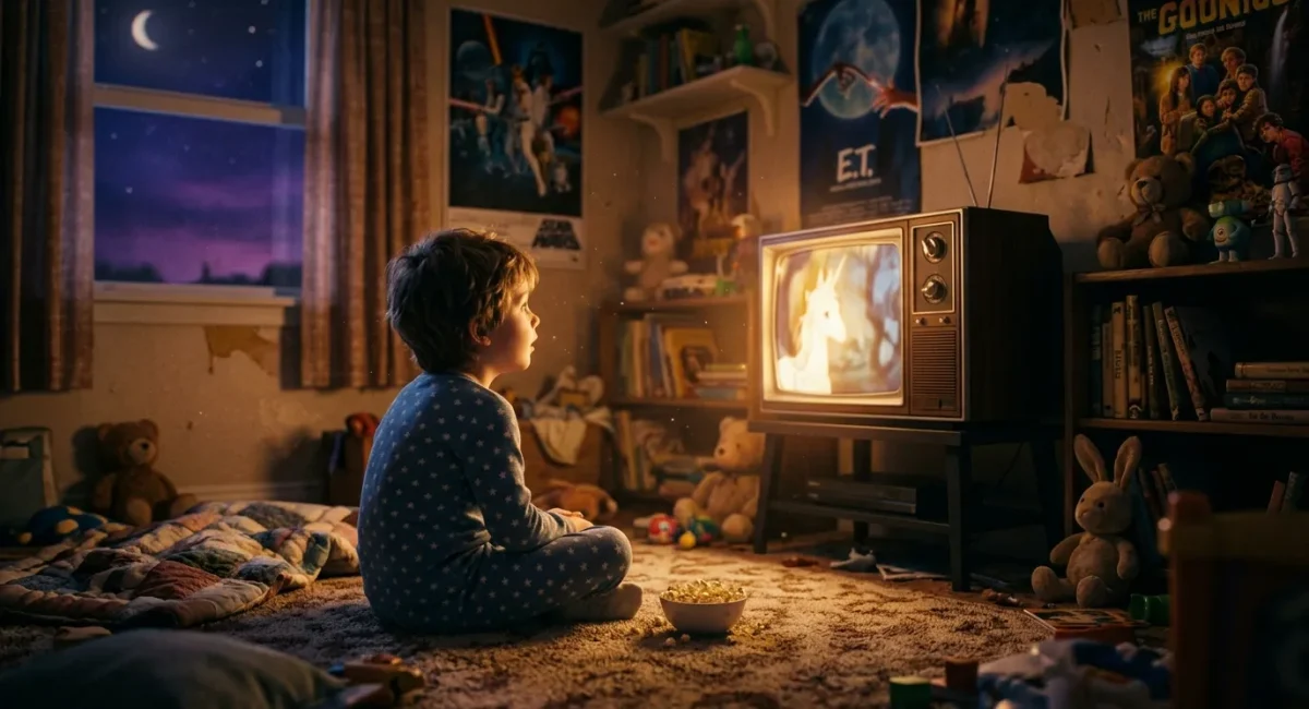 Jongen zit voor vintage televisie popcorn etend