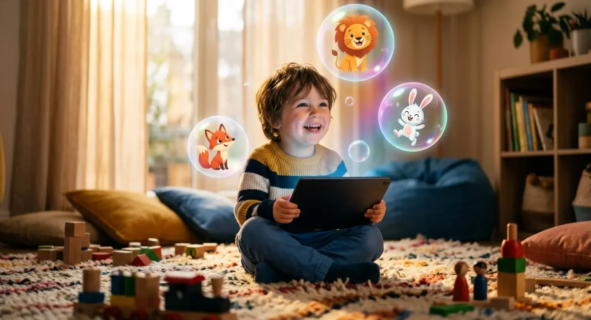 Jongetje met tablet omgeven door animatiekarakterbobbels