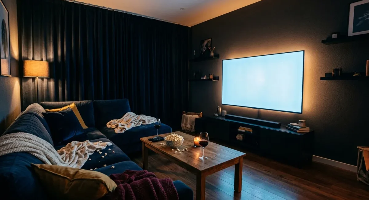 Moderne thuisbioscoop met blauwe bank en groot scherm