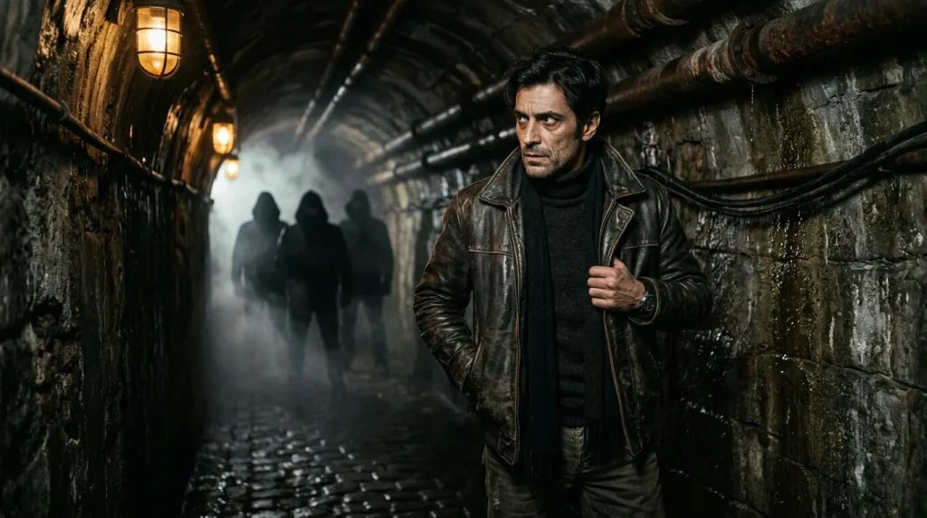 Man in leren jas loopt door donkere ondergrondse tunnel met lampen.