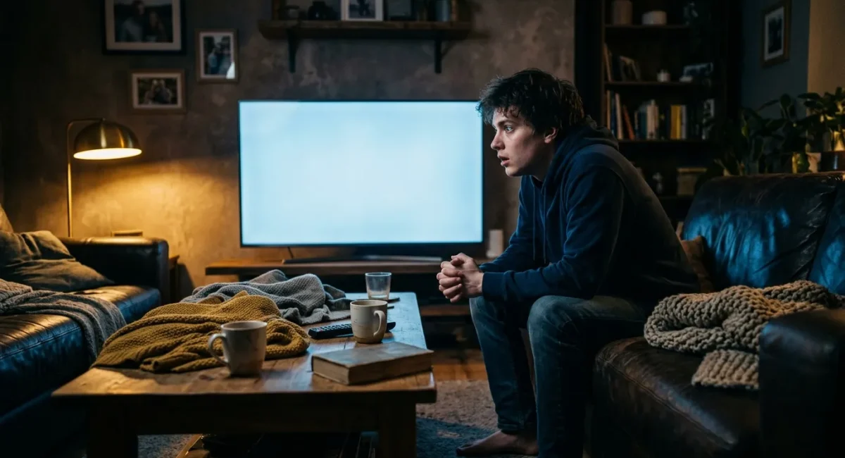 Man zit op bank en staart naar zwart televisietoestel