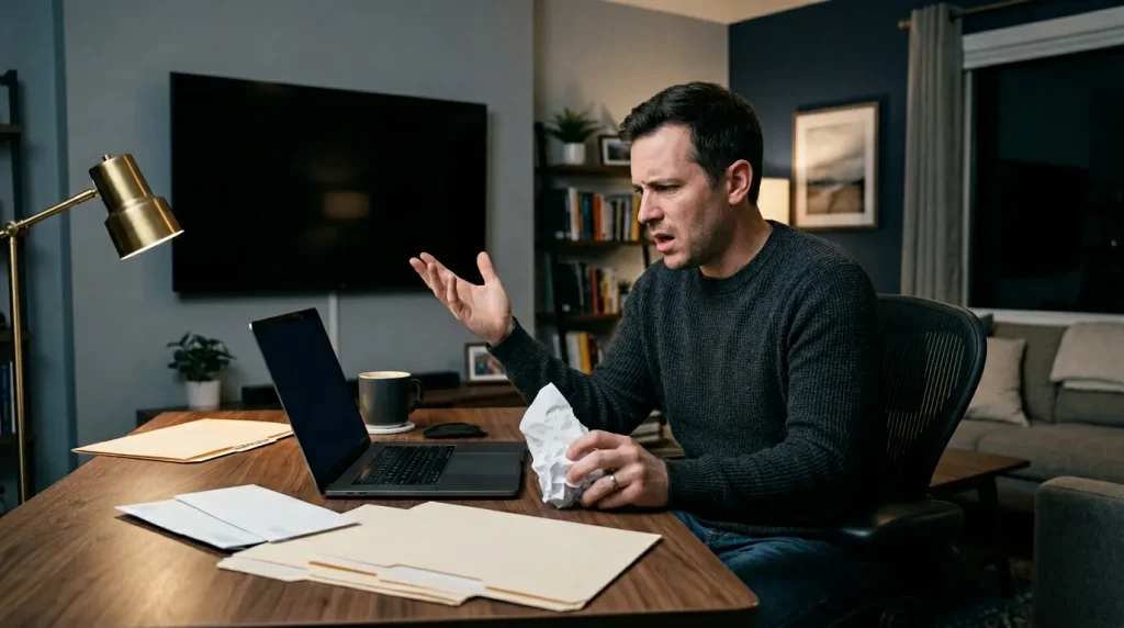 Man aan bureau tijdens videovergadering op laptop