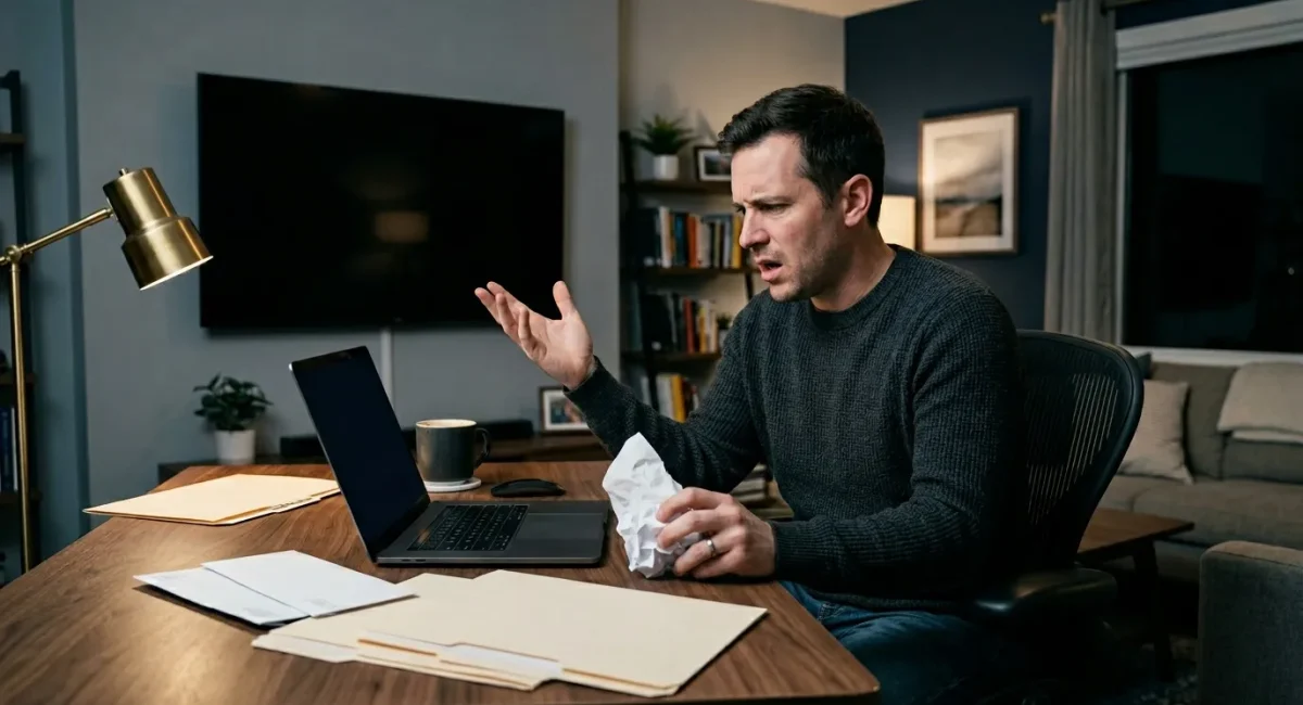 Man aan bureau tijdens videovergadering op laptop