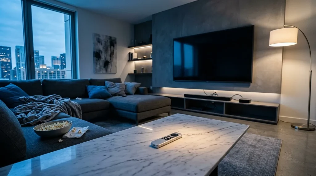 Luxe woonkamer met zwarte sofa, TV en stadsgezicht