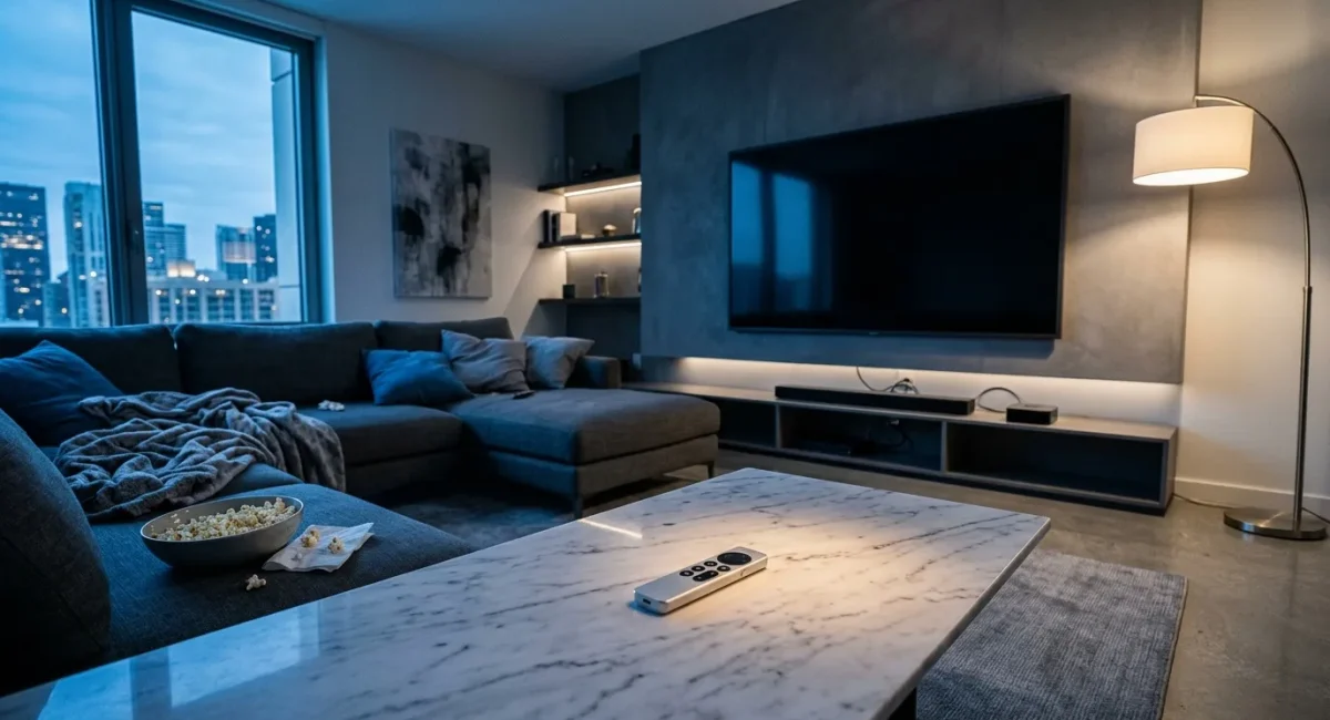 Luxe woonkamer met zwarte sofa, TV en stadsgezicht