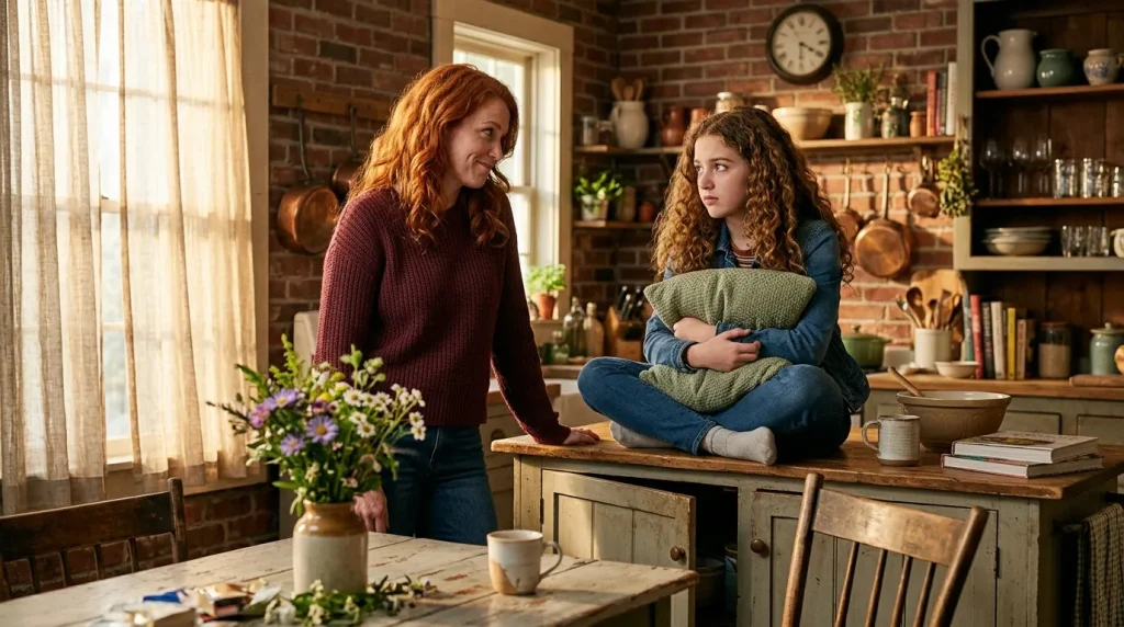 Vrouw en meisje converseren in gezellige bakstenen keuken