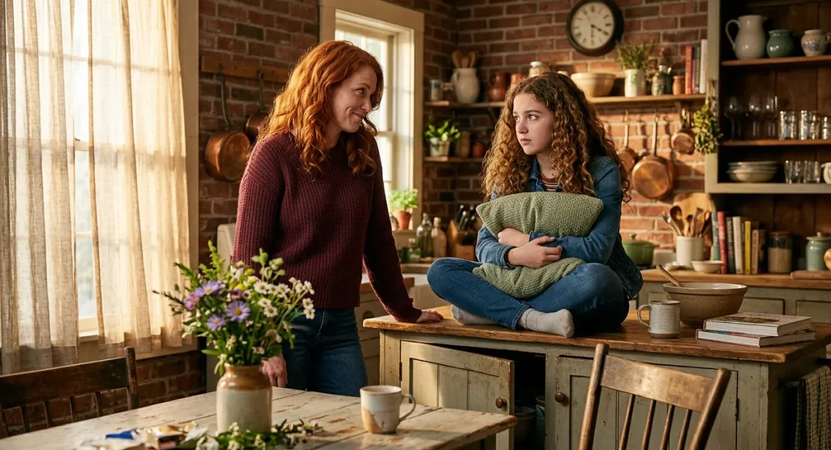 Vrouw en meisje converseren in gezellige bakstenen keuken