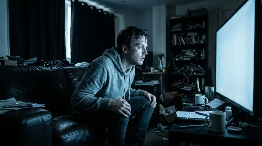 Man kijkt 's nachts naar scherm in donkere kamer