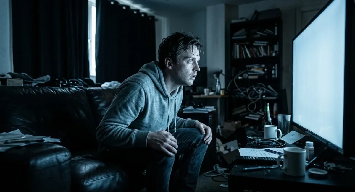 Man kijkt 's nachts naar scherm in donkere kamer