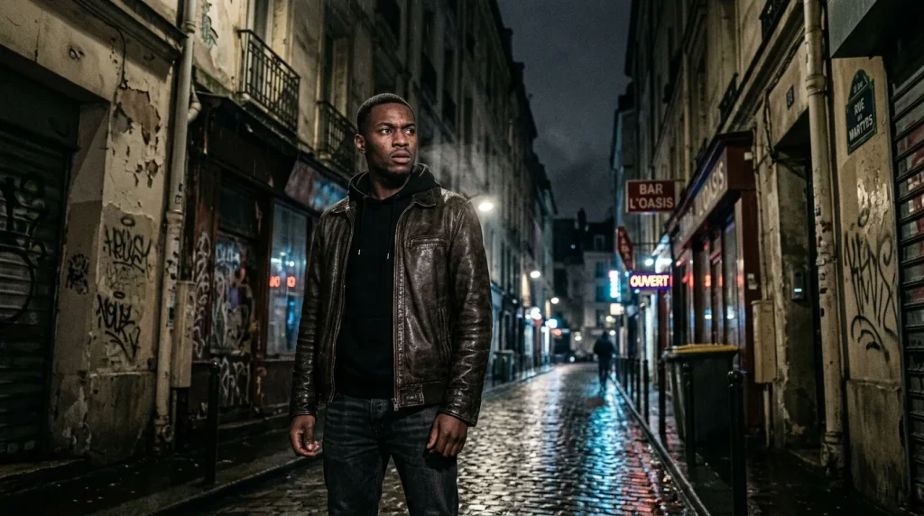 Man in leren jas op natte Parijse straat 's nachts