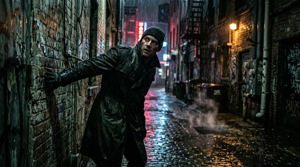 Man vlucht door natte nachtstraat tussen bakstenen gebouwen.