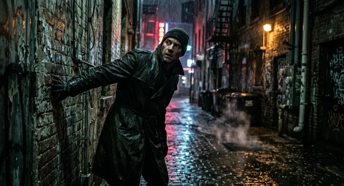 Man vlucht door natte nachtstraat tussen bakstenen gebouwen.