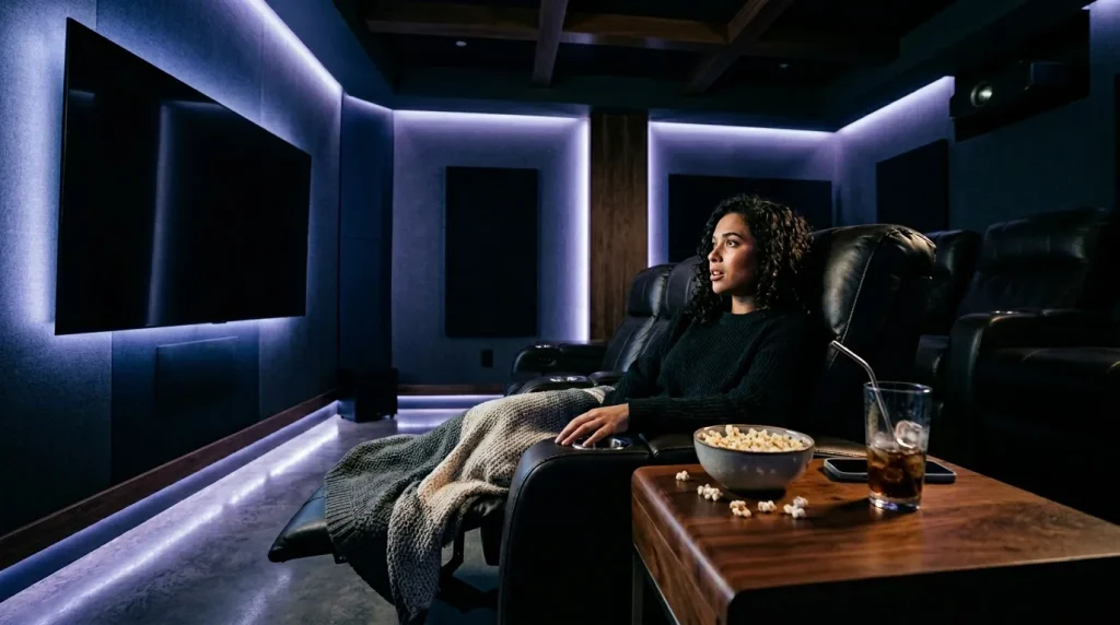 Vrouw kijkt film in luxe thuisbioscoop met blauwe verlichting