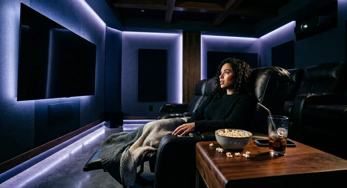 Vrouw kijkt film in luxe thuisbioscoop met blauwe verlichting