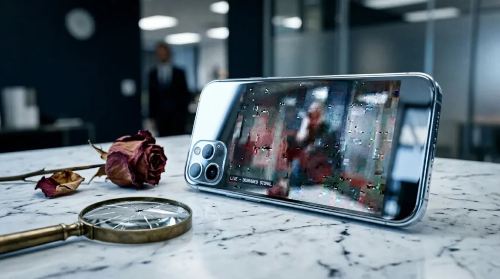 Telefoon displays live video op marmeren tafel kantoor