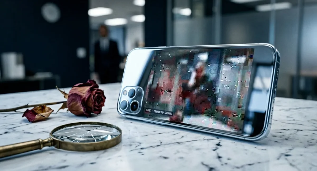 Telefoon displays live video op marmeren tafel kantoor