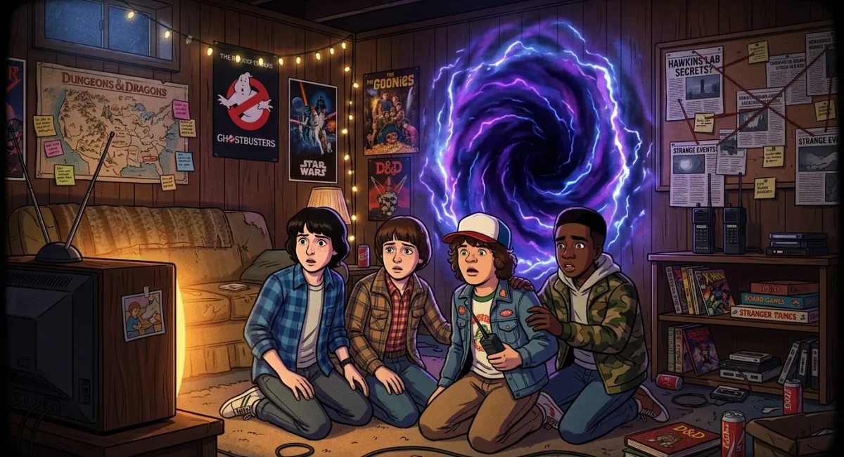 Vier tieners knielend voor paars elektrisch portal in speelkamer