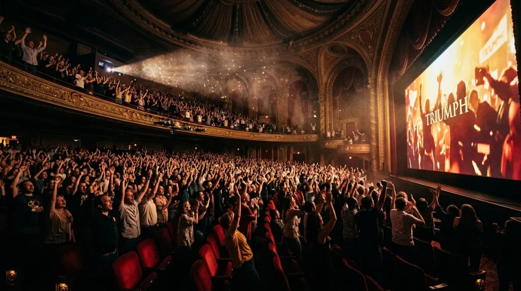 Groot publiek in theaterzaal met 'Triumph' op scherm