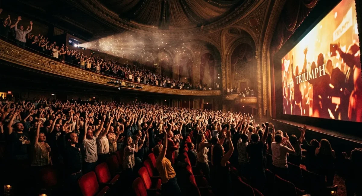 Groot publiek in theaterzaal met 'Triumph' op scherm
