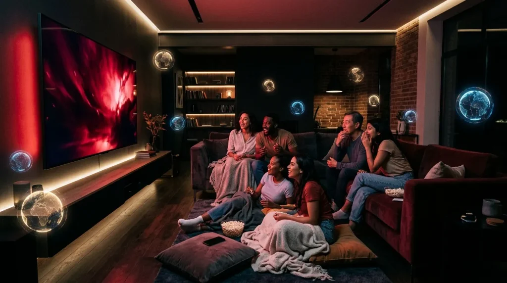 Groep vrienden zit samen op bank voor televisie