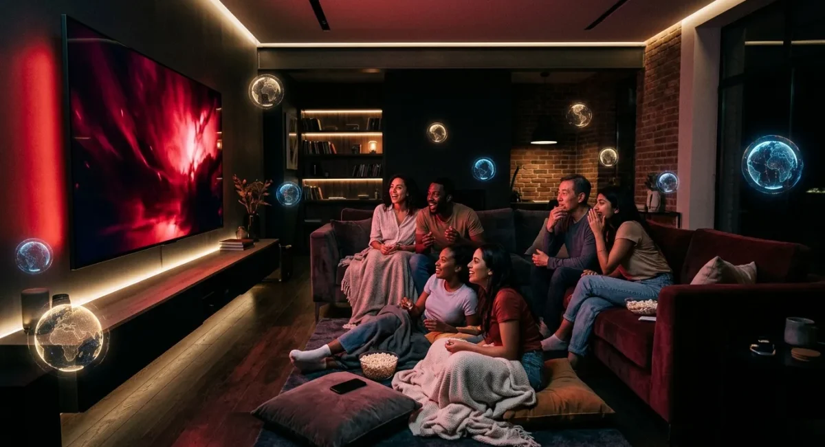 Groep vrienden zit samen op bank voor televisie