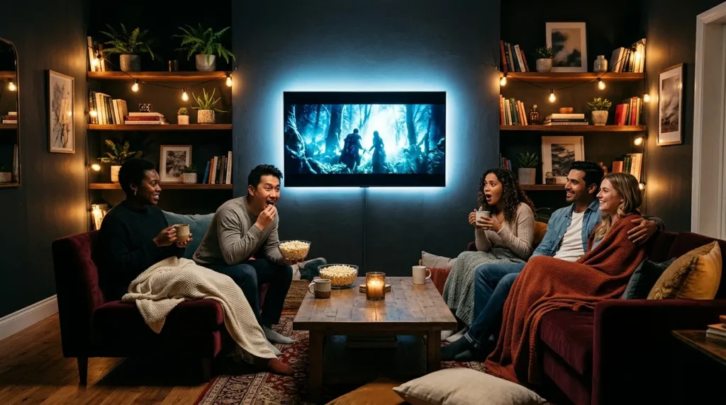 Vijf vrienden genieten van film in gezellige woonkamer