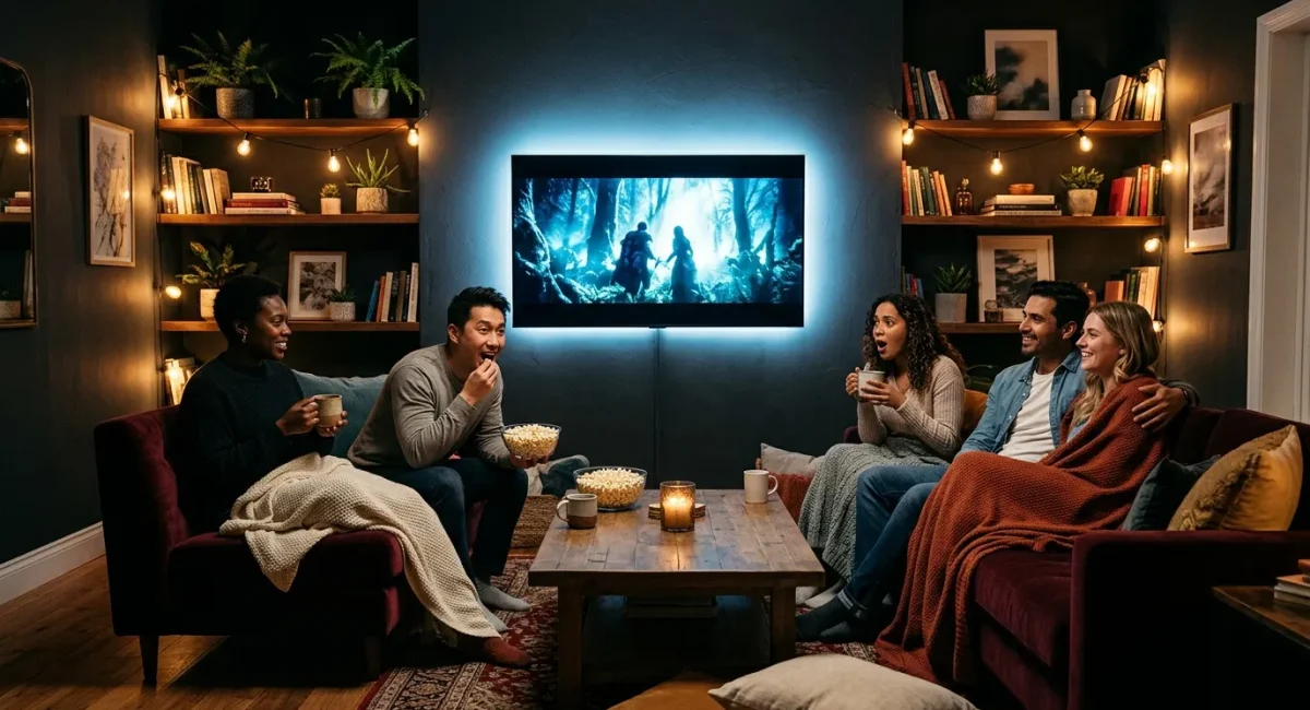 Vijf vrienden genieten van film in gezellige woonkamer