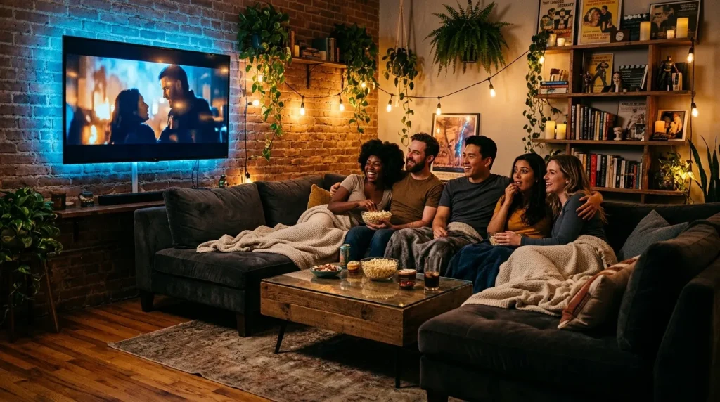 Groep vrienden zit op bank film te kijken met popcorn