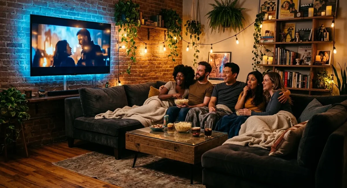 Groep vrienden zit op bank film te kijken met popcorn