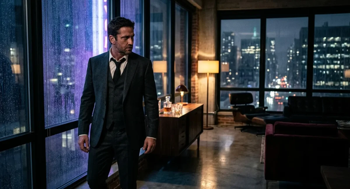 Man in pak staat voor raam met nachtelijke skyline