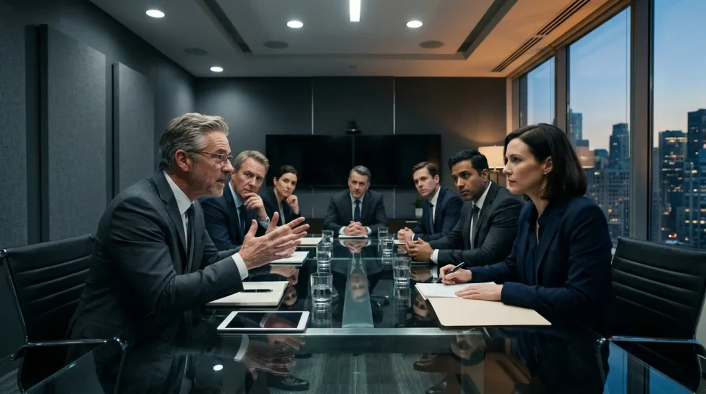 Professionele zakenmensen in conferentieruimte met stadsgezicht