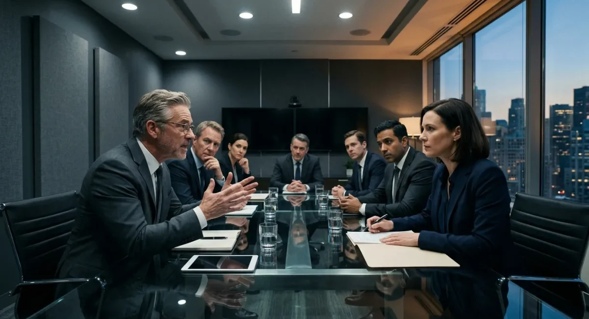 Professionele zakenmensen in conferentieruimte met stadsgezicht