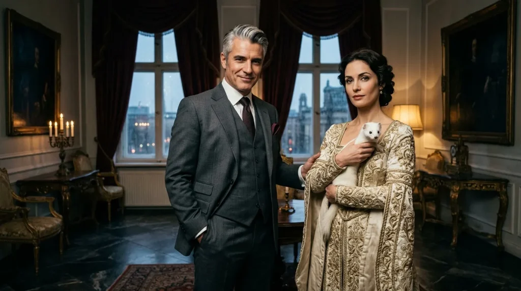 Man in suit and woman holding white ferret in elegant apartment