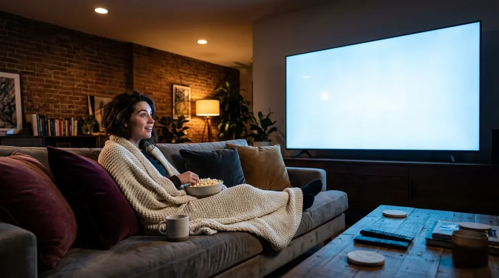 Vrouw kijkt naar film op groot scherm in huisbioscoop