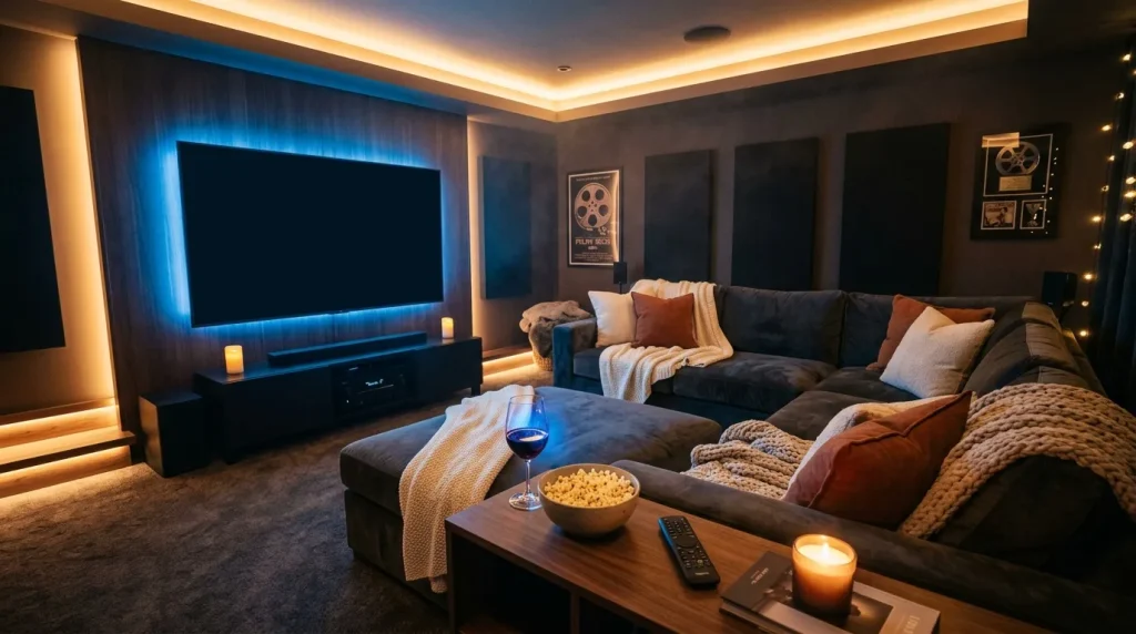 Moderne huisbioscoop met grote scherm, comfortabele zitplaatsen en sfeerverlichting