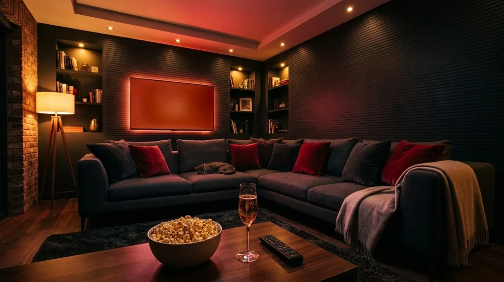 Elegante thuisbioscoop met zwarte bank en rode verlichting