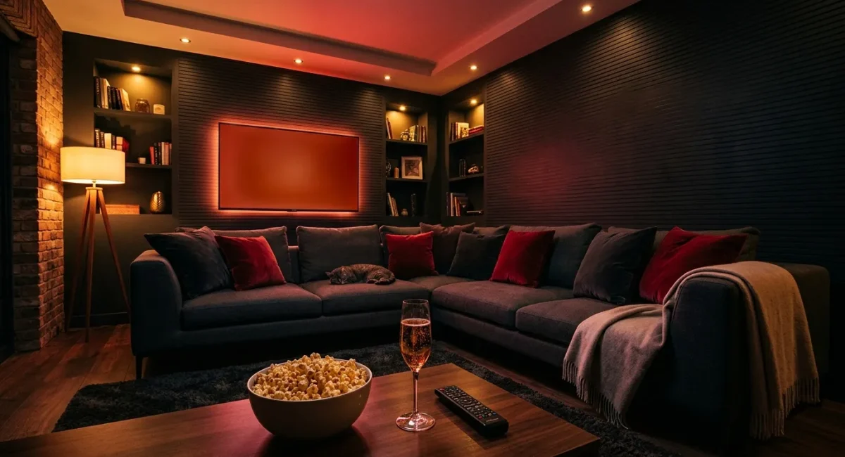 Elegante thuisbioscoop met zwarte bank en rode verlichting