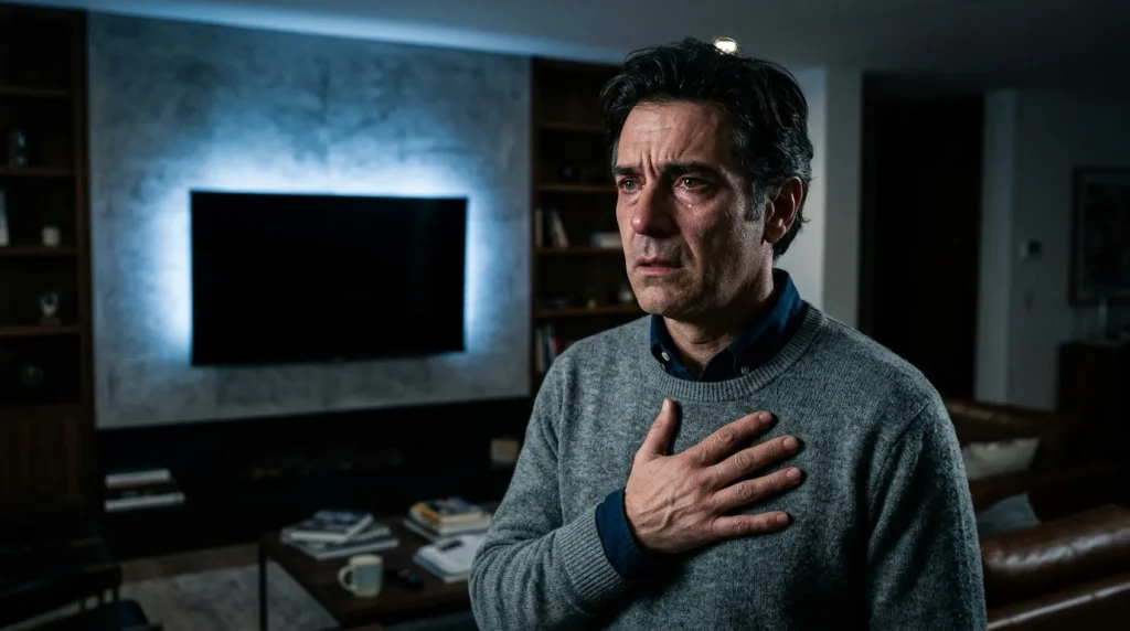 Bezorgde man in grijze trui voor televisie