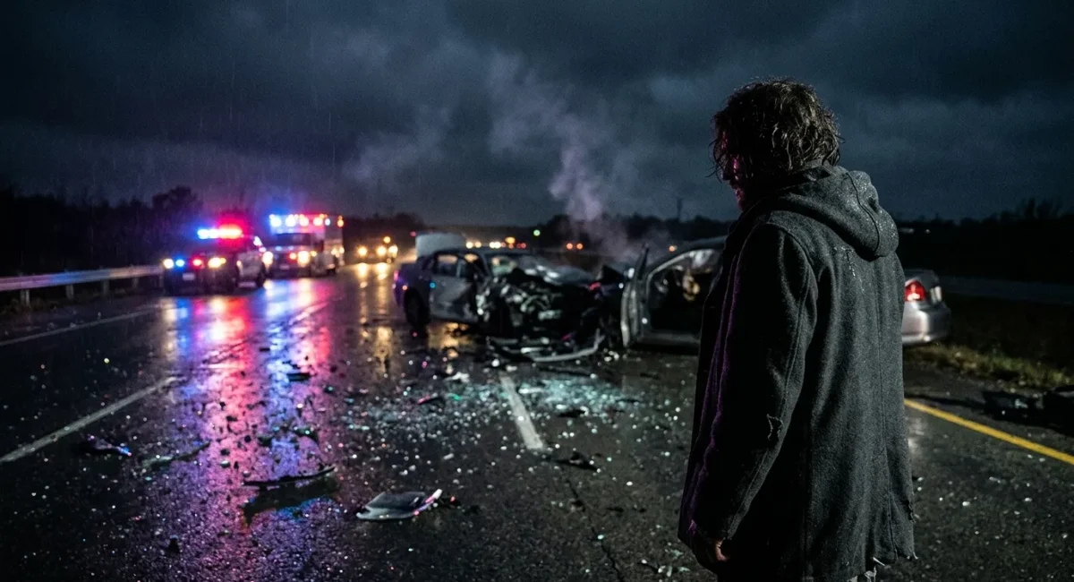 Persoon staat bij verkeersongeval in regen's nachts.